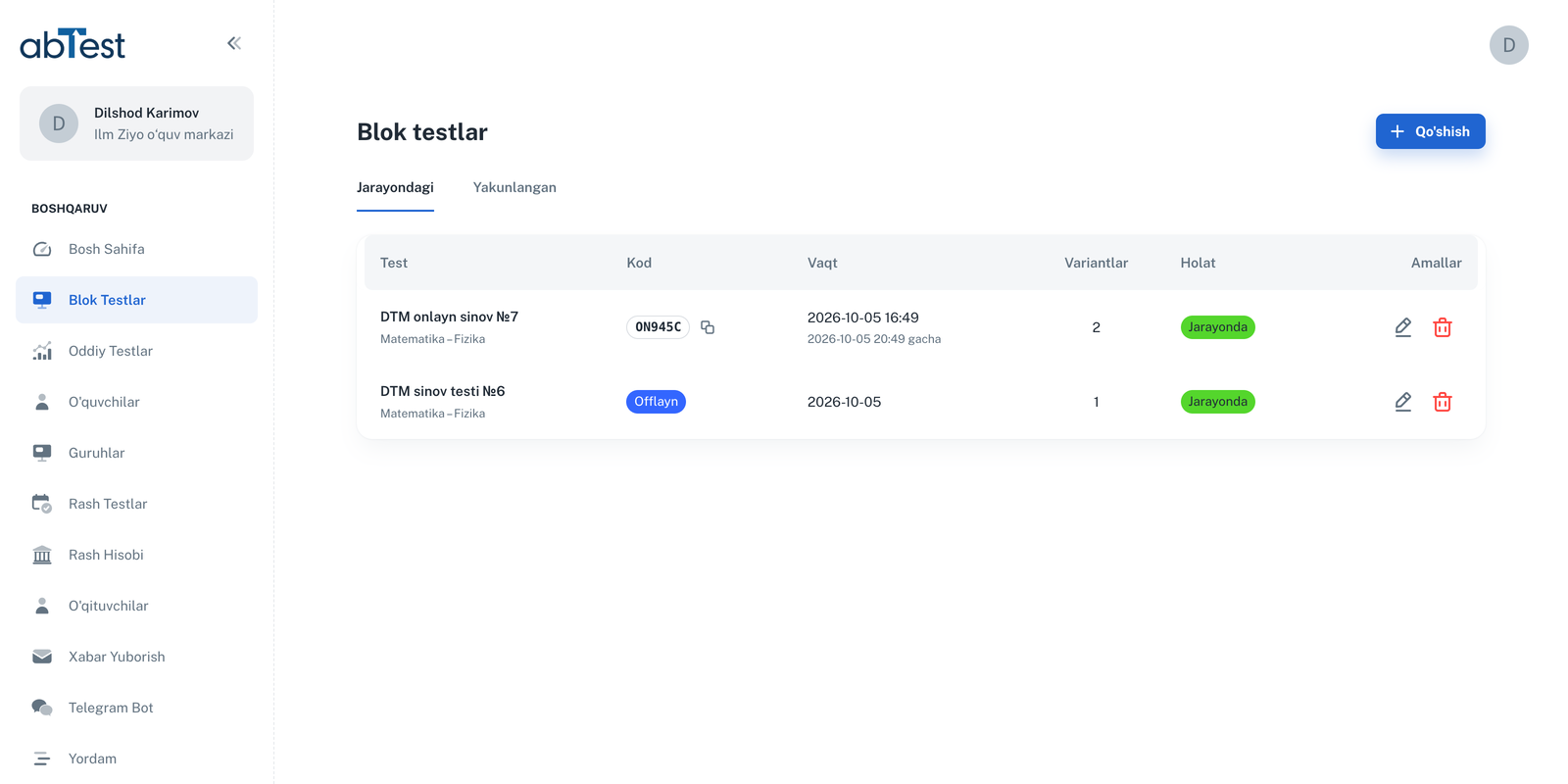 Boshqaruv paneli: blok testlar ro'yxati