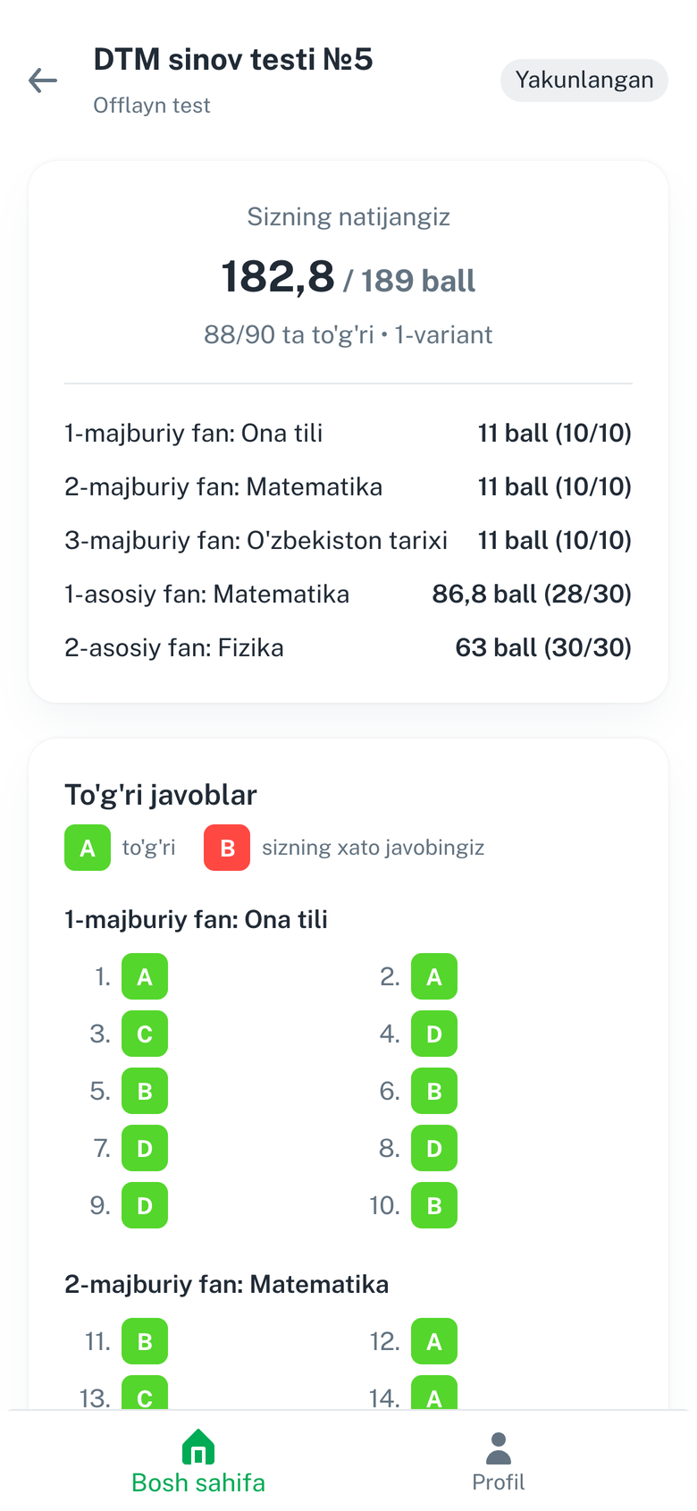 O'quvchi natijasi: fanlar bo'yicha ball va to'g'ri javoblar